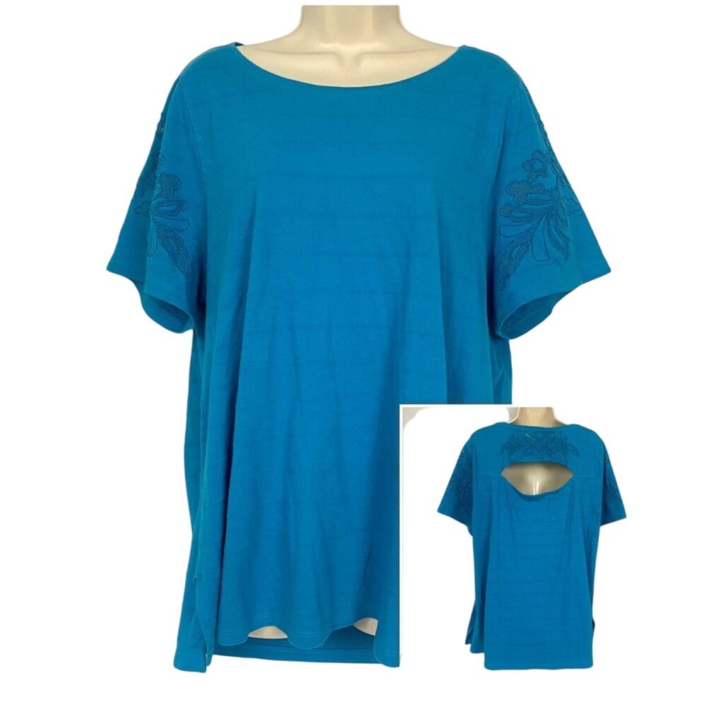 Soft Surroundings Top XL Blue Embroidered Lace Cutout‎ Back Cotton Knit T Shirt